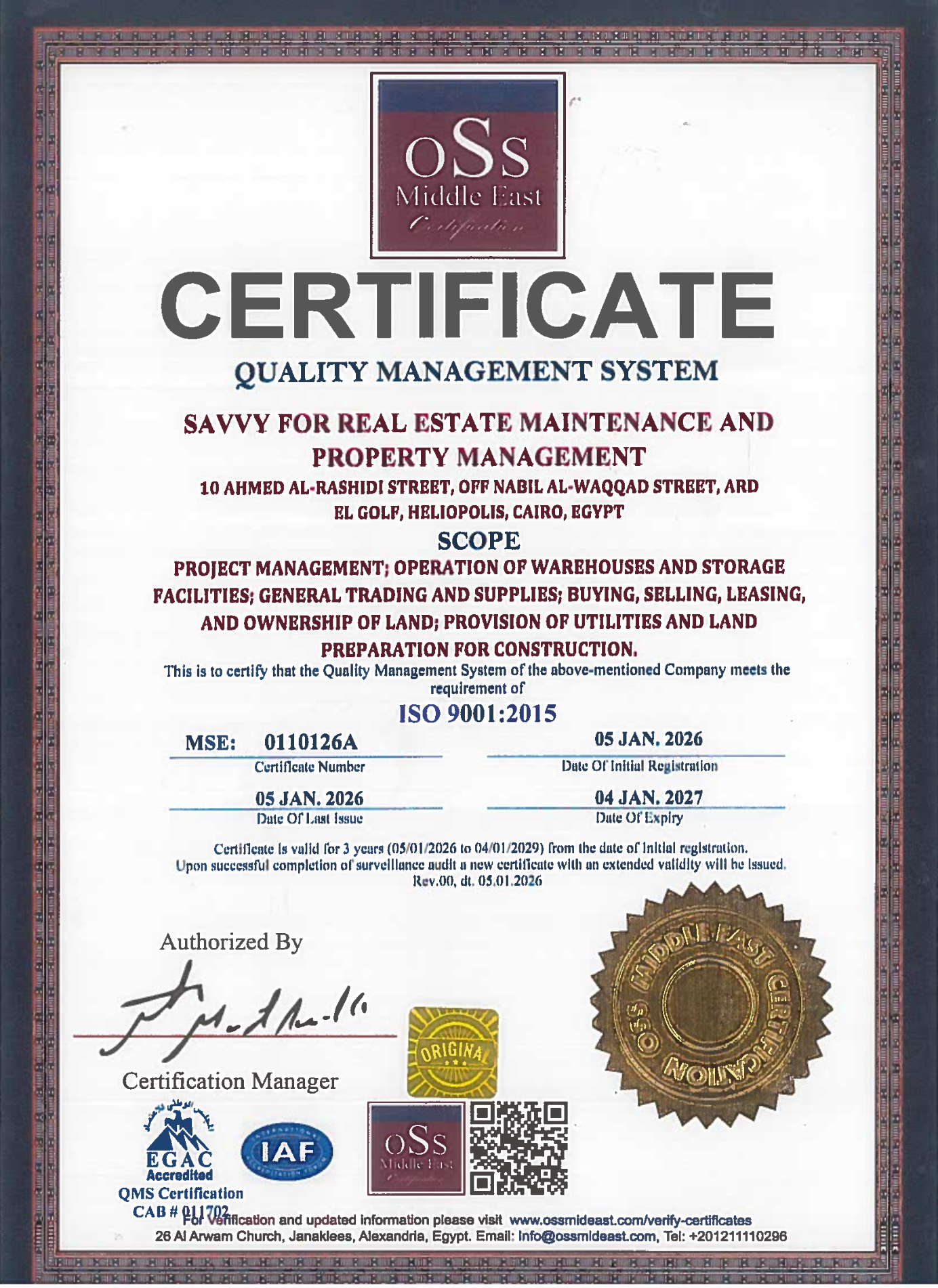 ISO 9001:2015 Quality Management System Certificate